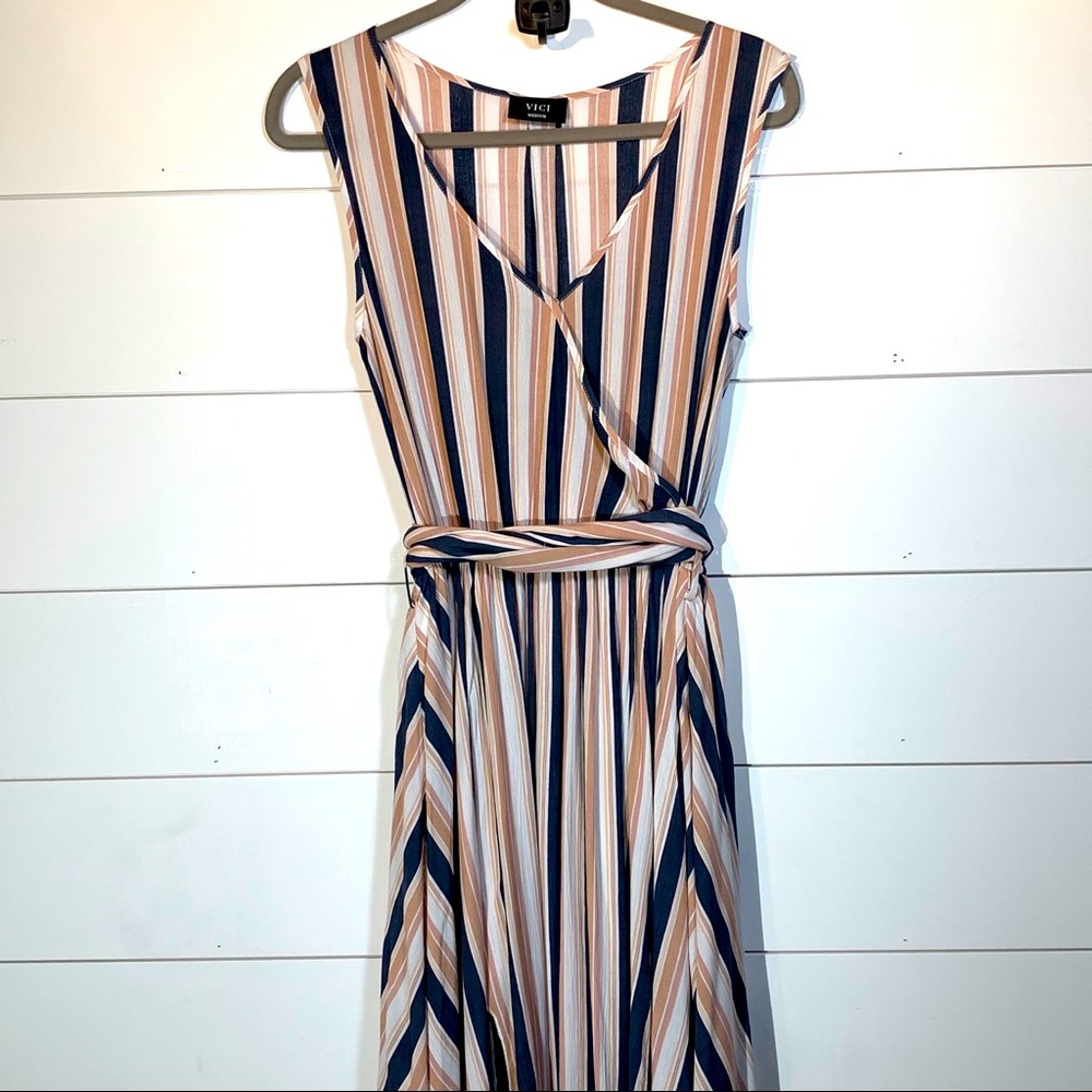 Vici Blue & Tan Striped Lined Tied Waist Jumpsuit